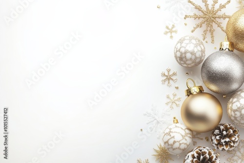 Minimalist white background with gold and silver Christmas decorations, snowflakes, and space for text.