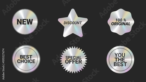 Holographic stickers logos emblem labels color set. Six icons For packaging product of promotional material. Sticker for clothes or accessories. Vector illustration.