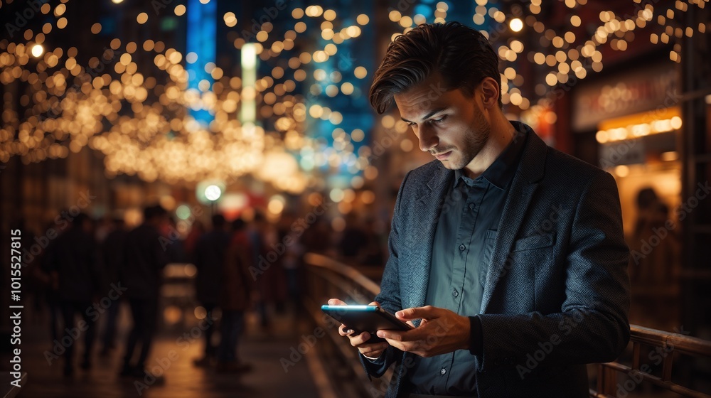 Focused Businessman Checks Messages on City Street at Night Focused Businessman Checks Messages on City Street at Night