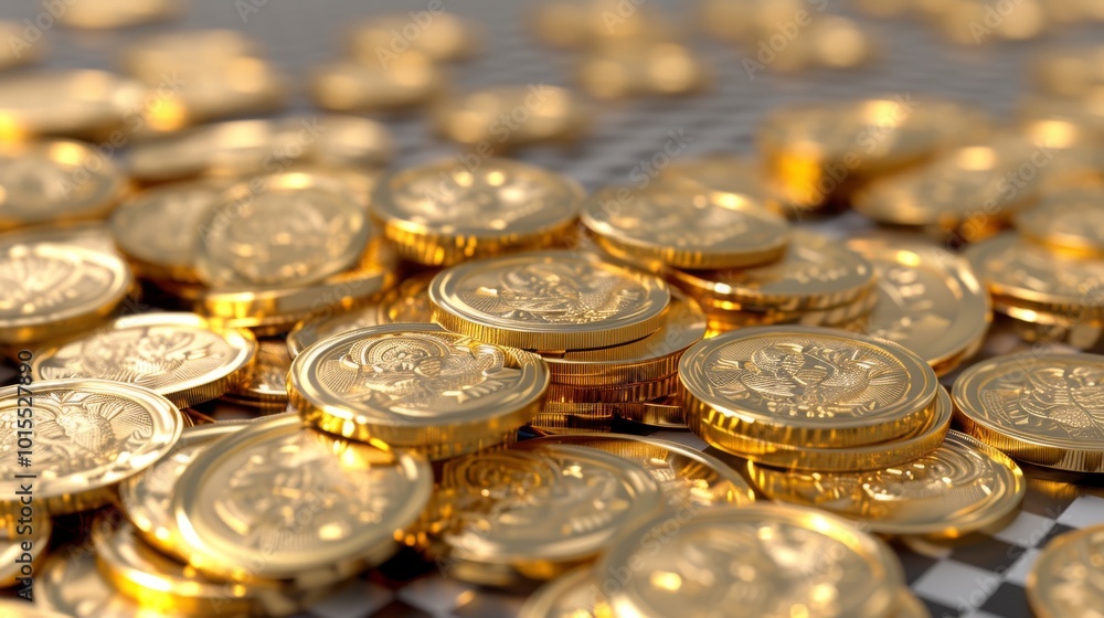 A pile of detailed golden coins, scattered across a checkered surface. The reflective gold coins create a luxurious, rich atmosphere, emphasizing wealth and prosperity. A pile of detailed golden coins, scattered across a checkered surface. The reflective gold coins create a luxurious, rich atmosphere, emphasizing wealth and prosperity.