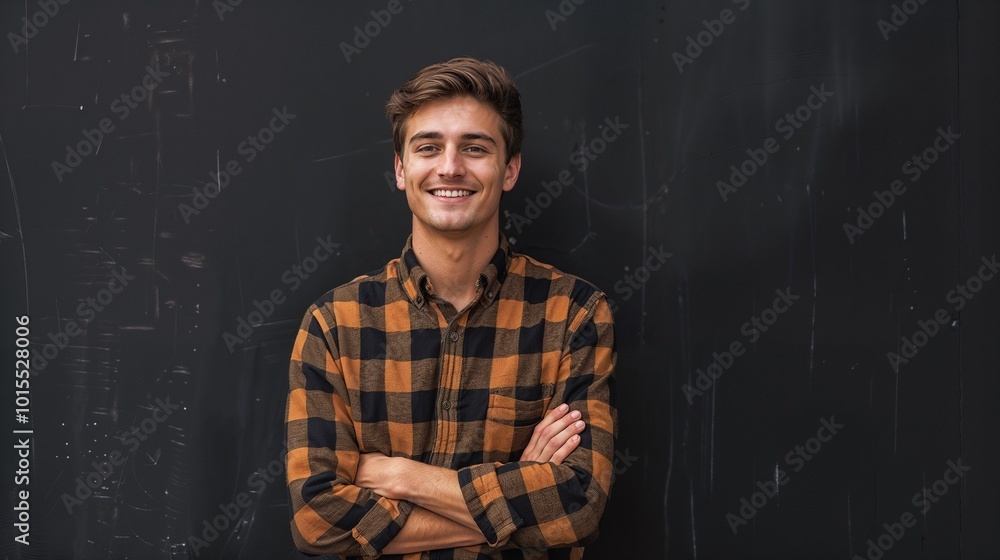 Young Man in Plaid Shirt Smiles Confidently Against a Black Background. Young Man in Plaid Shirt Smiles Confidently Against a Black Background.