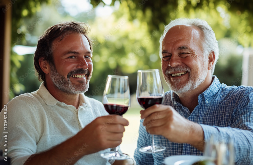 Two mature men smiling and toasting with red wine glasses at restaurant Two mature men smiling and toasting with red wine glasses at restaurant