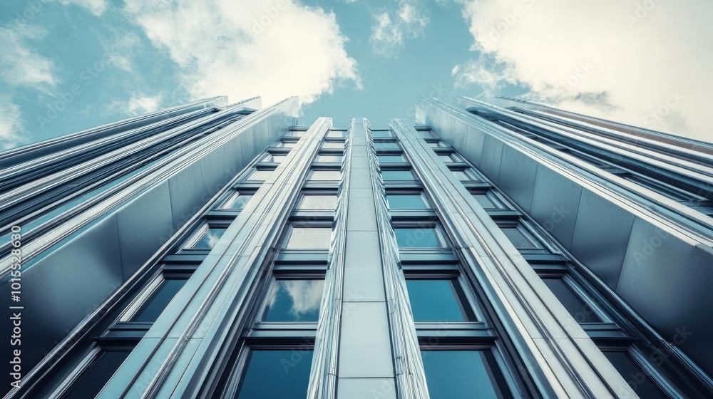 A dramatic low-angle view of a modern skyscraper showcasing sleek architecture and a clear blue sky. A dramatic low-angle view of a modern skyscraper showcasing sleek architecture and a clear blue sky.