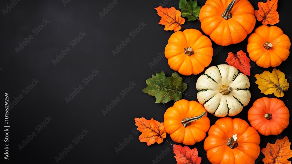 Colorful pumpkins and autumn leaves on a dark background. Colorful pumpkins and autumn leaves on a dark background.