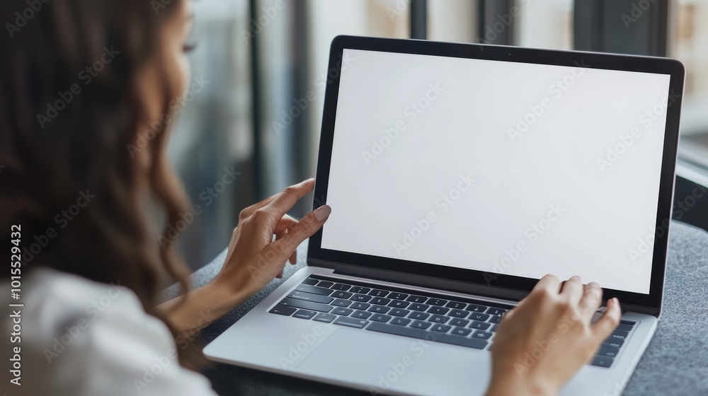 Woman interacting with laptop touchpad on minimalistic workspace for productivity technology remote work digital lifestyle and modern design concept Woman interacting with laptop touchpad on minimalistic workspace for productivity technology remote work digital lifestyle and modern design concept