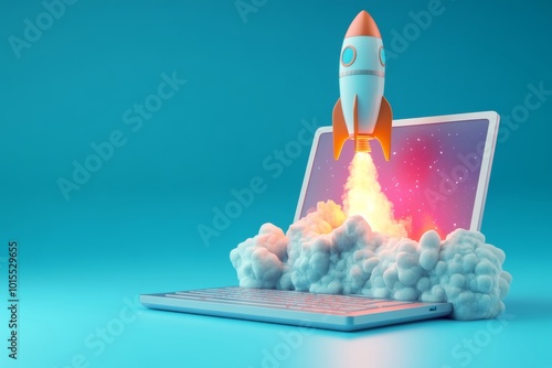 A rocket launches from a laptop screen, symbolizing innovation, technology, and limitless potential