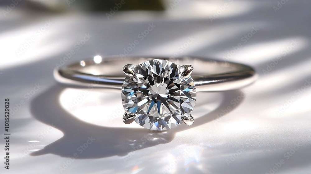A beautifully crafted solitaire diamond engagement ring with a round-cut diamond, set against a clean white background, showcasing its timeless design A beautifully crafted solitaire diamond engagement ring with a round-cut diamond, set against a clean white background, showcasing its timeless design