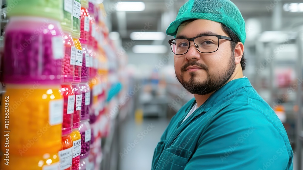 Inspector checking product labels for accuracy in a manufacturing facility, label verification, compliance with standards Inspector checking product labels for accuracy in a manufacturing facility, label verification, compliance with standards