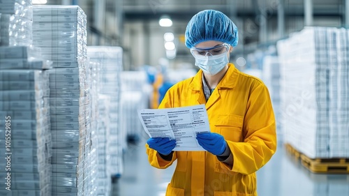 Inspector checking product labels for accuracy in a manufacturing facility, label verification, compliance with standards