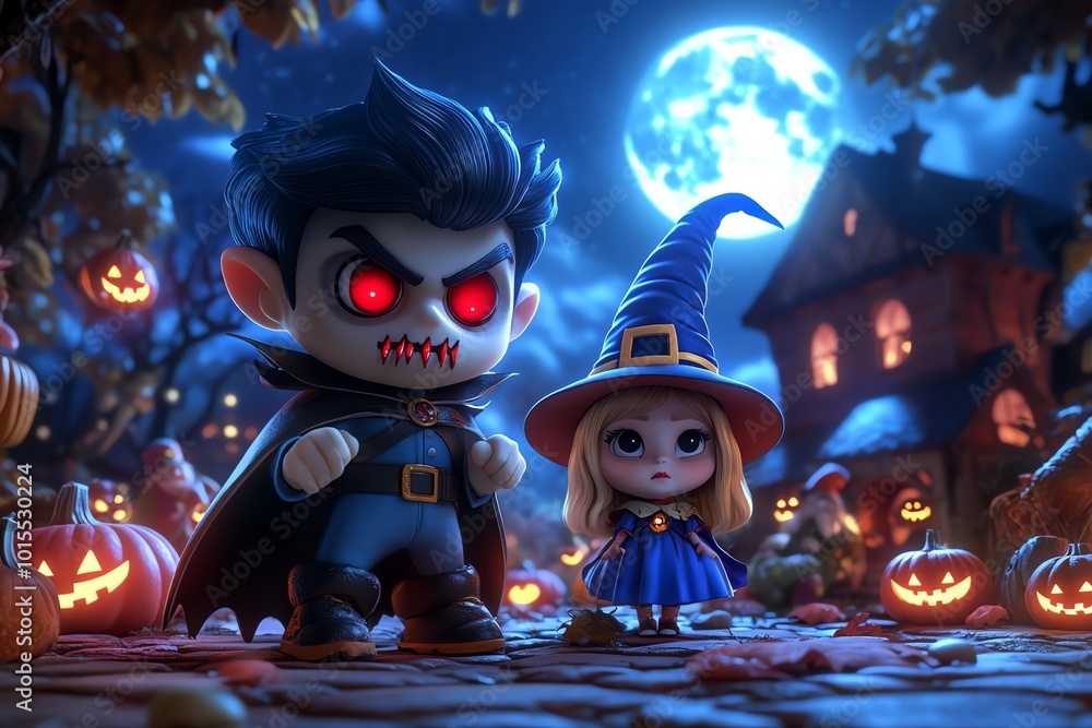 Boy vampire in a classic Halloween cape, with sharp fangs and glowing red eyes, standing next to a gnome girl witch under the full moon Boy vampire in a classic Halloween cape, with sharp fangs and glowing red eyes, standing next to a gnome girl witch under the full moon