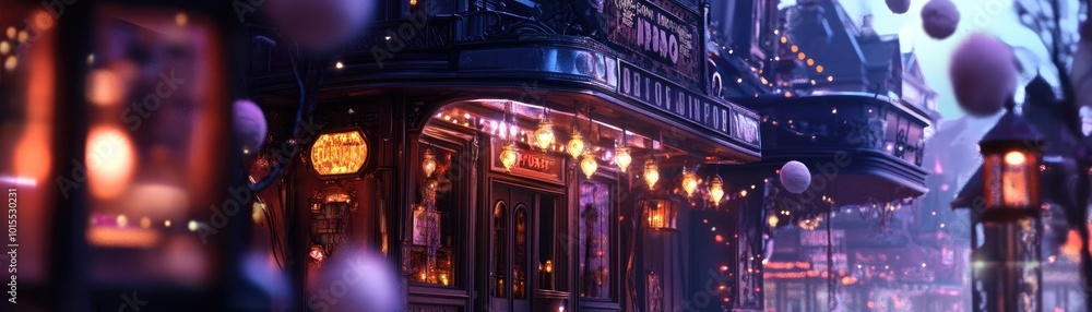 Obraz premium A mystical street scene illuminated by lanterns, featuring elegant buildings and a dreamy nighttime atmosphere.