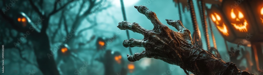 A spooky Halloween scene featuring a creepy hand emerging from the ground amidst glowing jack-o'-lanterns and eerie trees. A spooky Halloween scene featuring a creepy hand emerging from the ground amidst glowing jack-o'-lanterns and eerie trees.