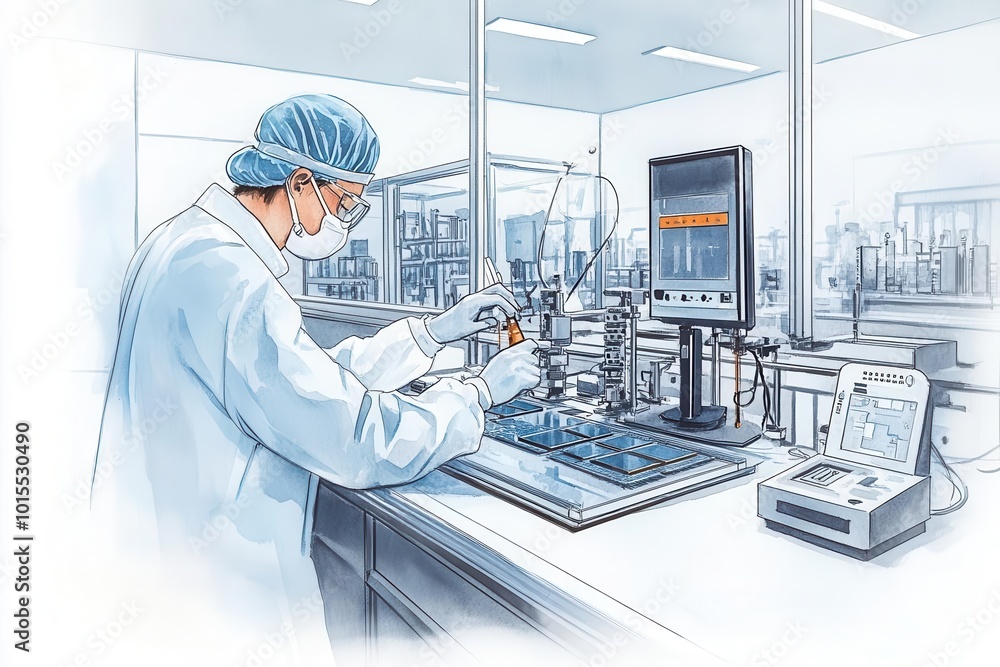 Naklejka premium Worker in a cleanroom environment conducting quality checks on microchip production, Microchip Inspection, High-Tech Manufacturing