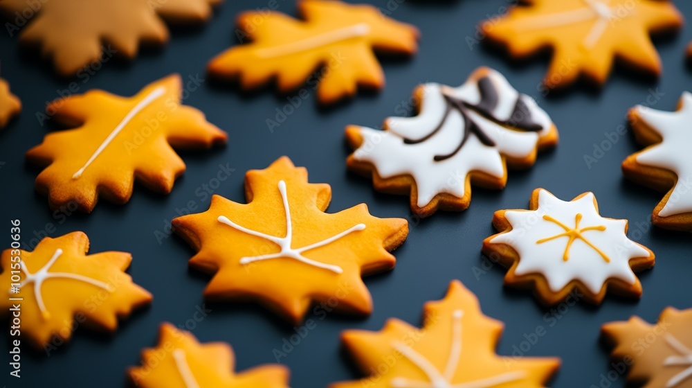 Decorative cookies shaped like autumn leaves on a dark background. Decorative cookies shaped like autumn leaves on a dark background.