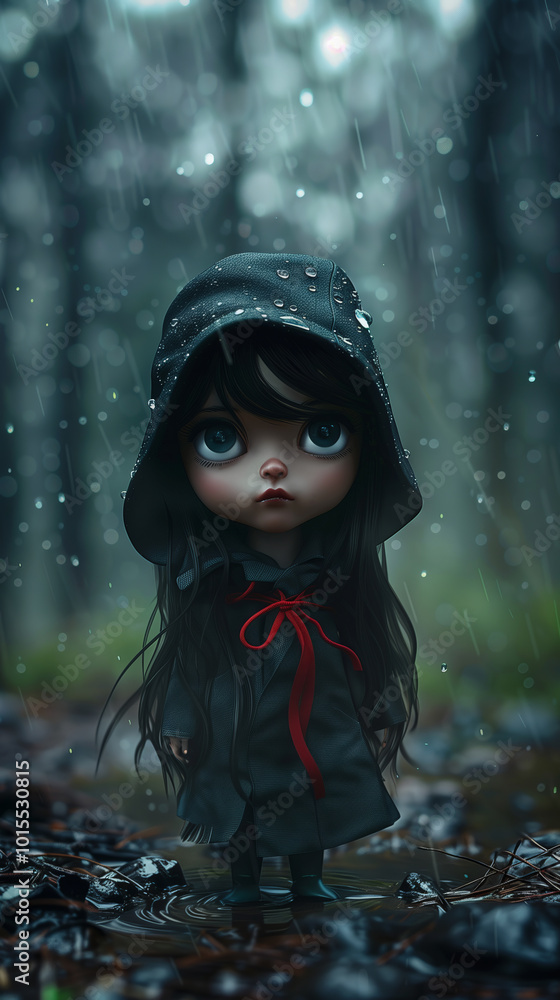 Cute doll-like girl in raincoat with big eyes and red ribbon standing in a rainy forest. Cute doll-like girl in raincoat with big eyes and red ribbon standing in a rainy forest.