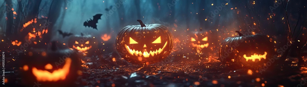Spooky Halloween scene featuring glowing jack-o'-lanterns amidst a foggy forest with bats flying overhead. Spooky Halloween scene featuring glowing jack-o'-lanterns amidst a foggy forest with bats flying overhead.