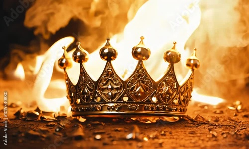 A golden crown, encrusted with sparkling jewels, lies on the ground, surrounded by dark, charred earth. Bright, orange flames dance around it, casting flickering shadows