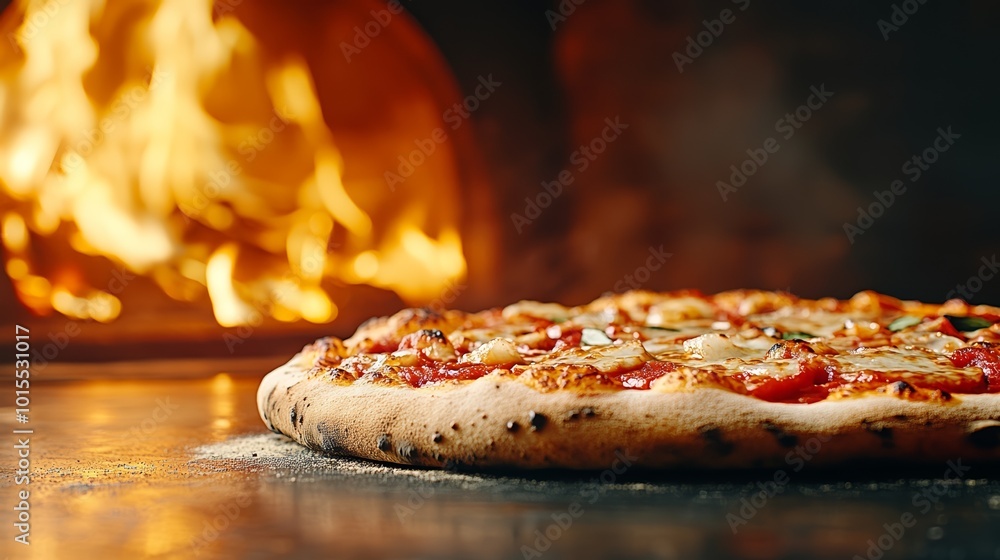 Delicious pizza fresh out of a wood-fired oven, with melted cheese and smoky flavor.