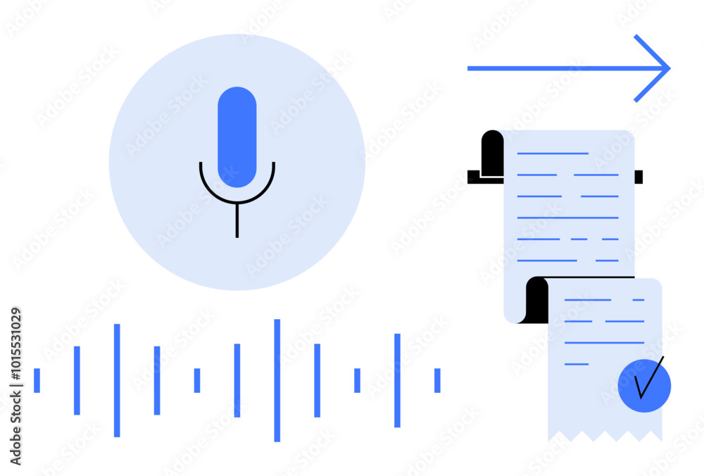 Fotografie A microphone icon with sound waves and a document with a checkmark
