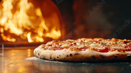 Obraz na płótnie Delicious pizza fresh out of a wood-fired oven, with melted cheese and smoky flavor. w salonie