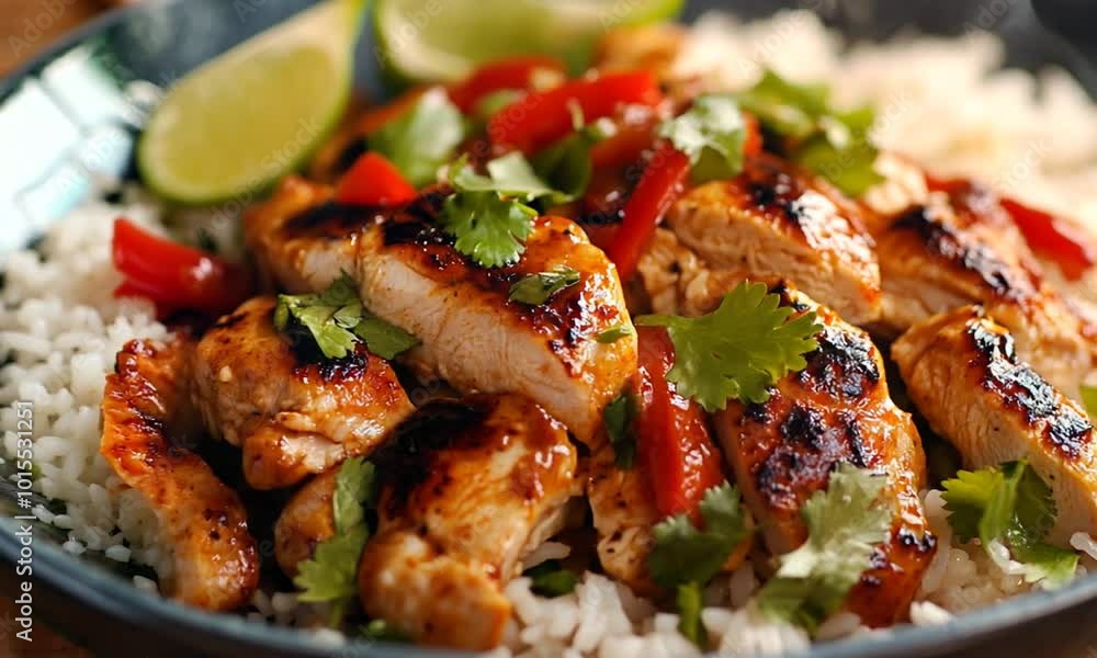 Grilled chicken served on rice with vegetables and herbs. Grilled chicken served on rice with vegetables and herbs.
