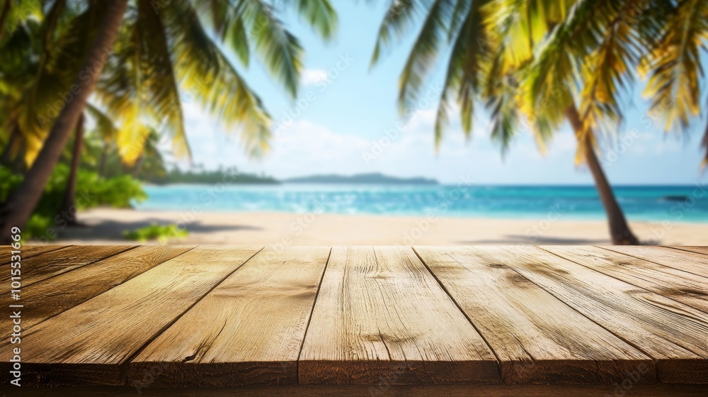 Serene beach scene with empty wooden table tropical coconut trees and soft sand perfect for relaxation vacation travel and tropical lifestyle imagery. Serene beach scene with empty wooden table tropical coconut trees and soft sand perfect for relaxation vacation travel and tropical lifestyle imagery.