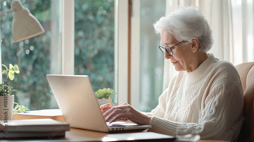 senior older retired woman grandmom working on laptop emailing her family member for the thanks giving and christmas plan , writing her project online senior older retired woman grandmom working on laptop emailing her family member for the thanks giving and christmas plan , writing her project online