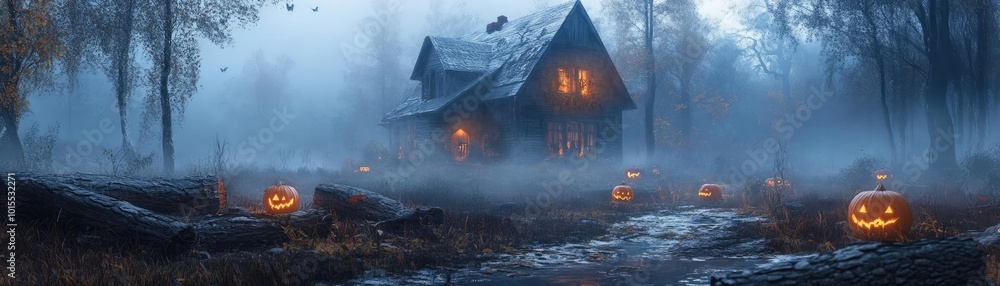 A spooky Halloween scene featuring a haunted house and glowing jack-o'-lanterns in a foggy forest atmosphere. A spooky Halloween scene featuring a haunted house and glowing jack-o'-lanterns in a foggy forest atmosphere.