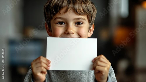 A young boy holds a blank white card in front of his face, smiling