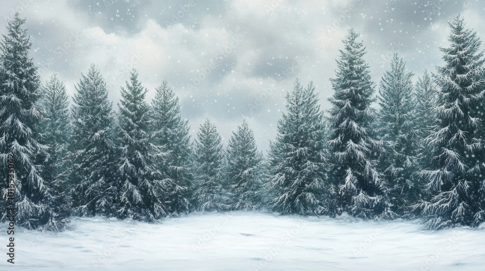 Fototapeta premium Snow-covered pine trees sparkle in the winter sun, creating a breathtaking winter wonderland.