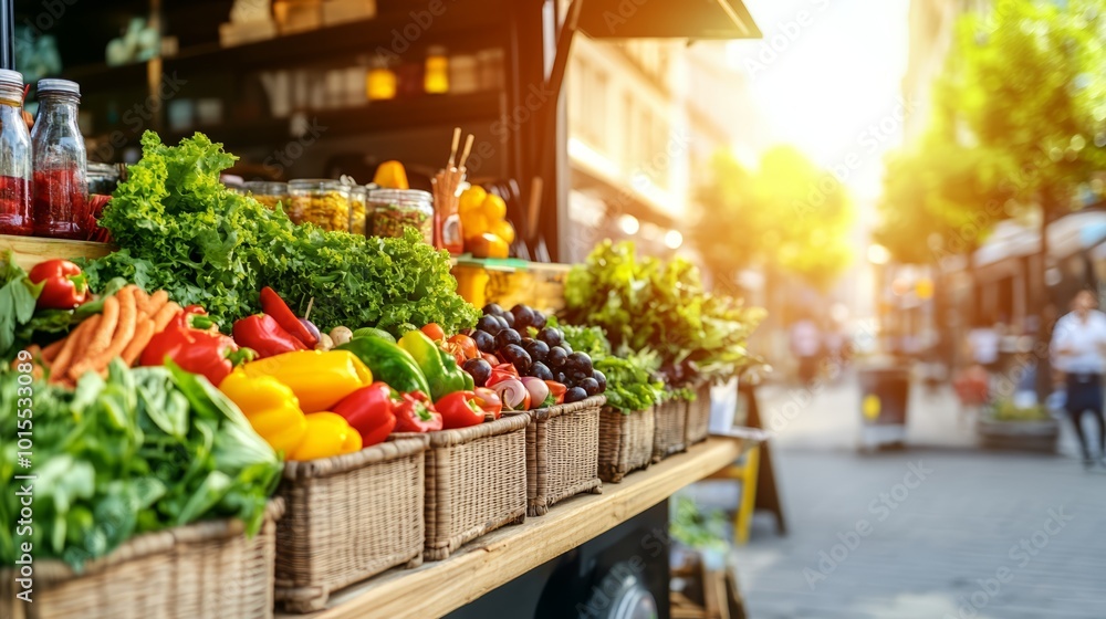 Fresh produce on a vibrant street market stall at sunset.