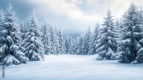 Snow-covered pine trees sparkle in the winter sun, creating a breathtaking winter wonderland.