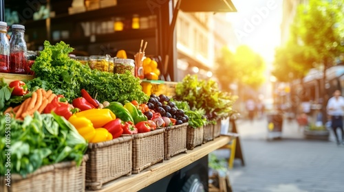 Obraz na płótnie Fresh produce on a vibrant street market stall at sunset. w salonie