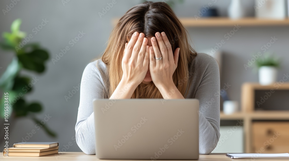 Frustrated woman covering her face while working on a laptop