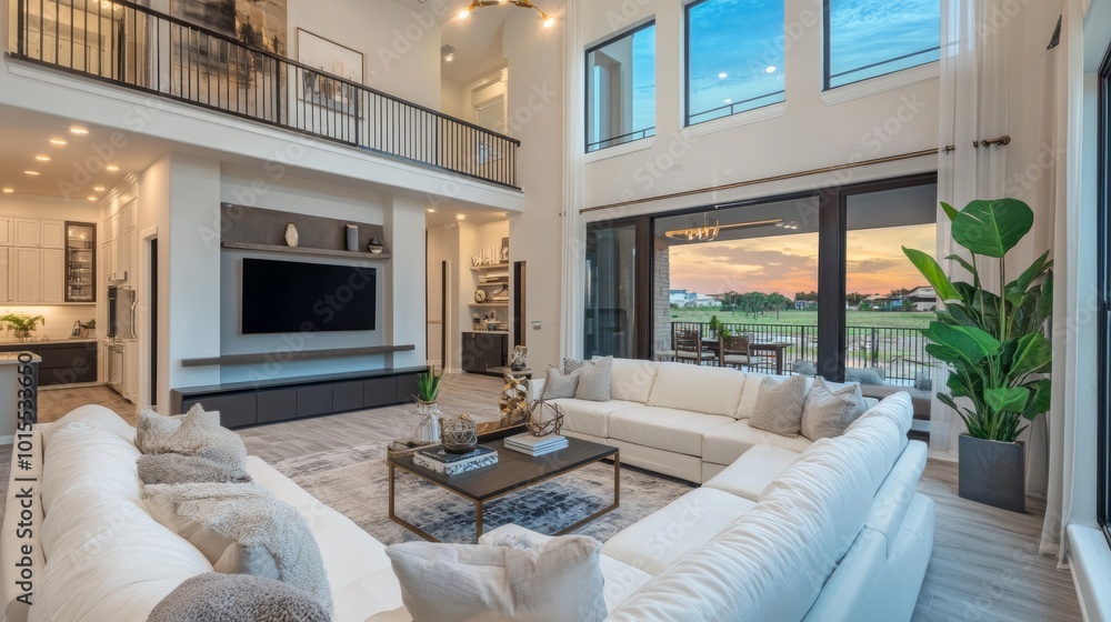 Fototapeta premium Spacious family room in newly built home featuring a stylish balcony modern design cozy atmosphere and inviting decor for comfortable living.