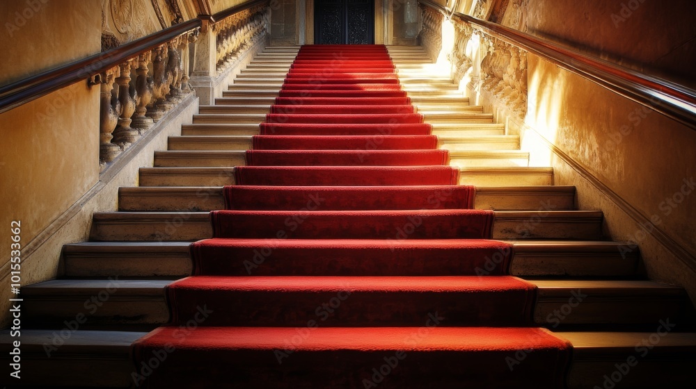 Elegant staircase adorned with rich red carpet illuminated by soft light symbolizing grandeur luxury and architectural beauty for event space or interior design. Elegant staircase adorned with rich red carpet illuminated by soft light symbolizing grandeur luxury and architectural beauty for event space or interior design.