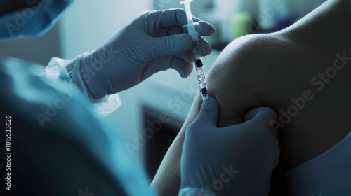 the doctor is injecting the vaccine in to patient's body and draw some blood for the blood test  photo