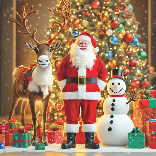 Festive Christmas scene with Santa, reindeer, and snowman in front of a decorated tree surrounded by colorful gifts.