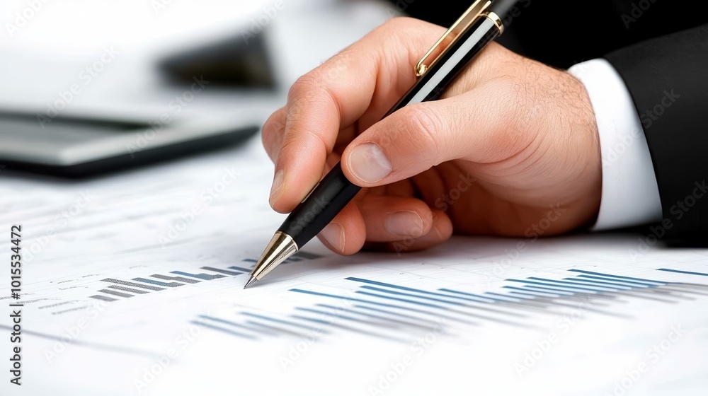 Hand holding pen, writing on financial report with graphs and charts. Hand holding pen, writing on financial report with graphs and charts.