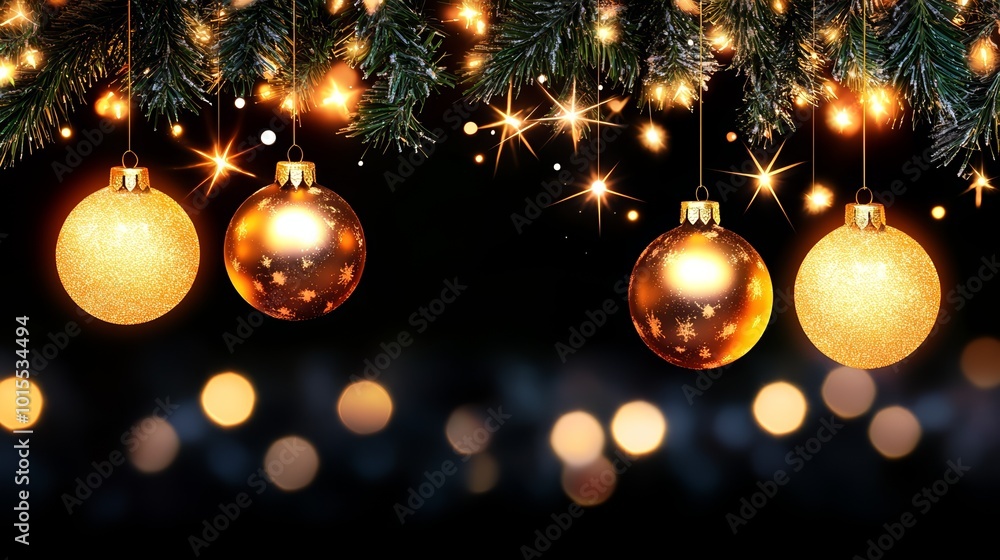 Hanging golden Christmas ornaments with twinkling lights and pine branches. Hanging golden Christmas ornaments with twinkling lights and pine branches.
