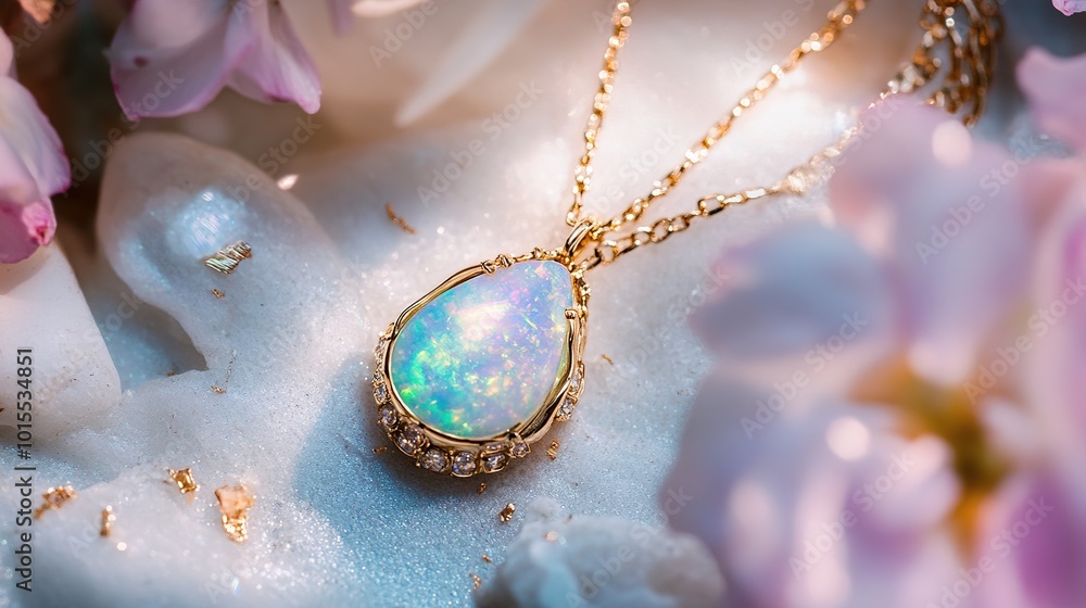 Stunning product photography of a Mystic Opal gold necklace, showcasing its vibrant colors and unique iridescence. The necklace features a beautifully crafted opal pendant set in rich gold, Stunning product photography of a Mystic Opal gold necklace, showcasing its vibrant colors and unique iridescence. The necklace features a beautifully crafted opal pendant set in rich gold,