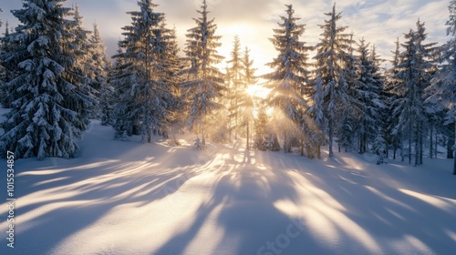 Snow-covered pine trees sparkle in the winter sun, creating a breathtaking winter wonderland.