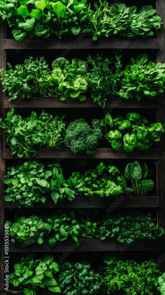 Lush green herbs and vegetables arranged on wooden shelves. Lush green herbs and vegetables arranged on wooden shelves.
