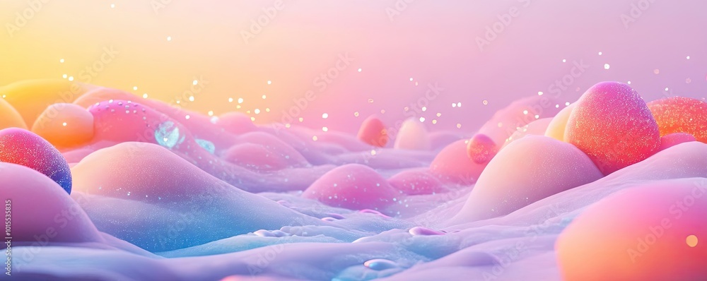 A colorful, dreamy landscape featuring soft, rounded shapes and a shimmering background, evoking a sense of wonder and tranquility. A colorful, dreamy landscape featuring soft, rounded shapes and a shimmering background, evoking a sense of wonder and tranquility.