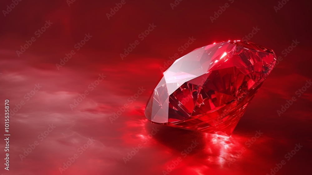 A striking 3D render of a radiant red gemstone on a highly reflective red surface. The gemstone sparkles with vivid brilliance, creating a luxurious and dramatic visual perfect for themes of wealth A striking 3D render of a radiant red gemstone on a highly reflective red surface. The gemstone sparkles with vivid brilliance, creating a luxurious and dramatic visual perfect for themes of wealth
