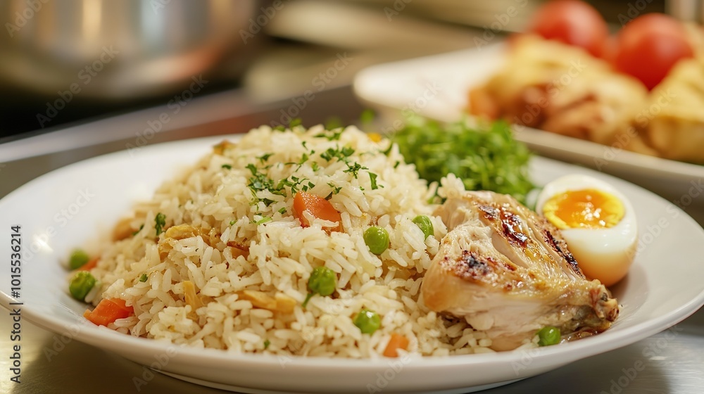 Delicious meal featuring rice, chicken, and a perfectly cooked egg presented on a white ceramic plate, beautifully arranged on a kitchen table. The image captures the warmth and homely atmosphere Delicious meal featuring rice, chicken, and a perfectly cooked egg presented on a white ceramic plate, beautifully arranged on a kitchen table. The image captures the warmth and homely atmosphere