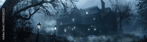 A haunting scene of a gloomy mansion surrounded by mist and eerie trees, perfect for themes of mystery and suspense.