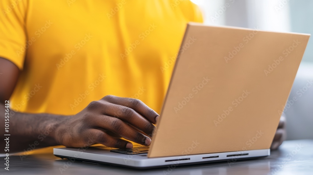 Fototapeta premium Person using laptop with yellow shirt, modern workspace.