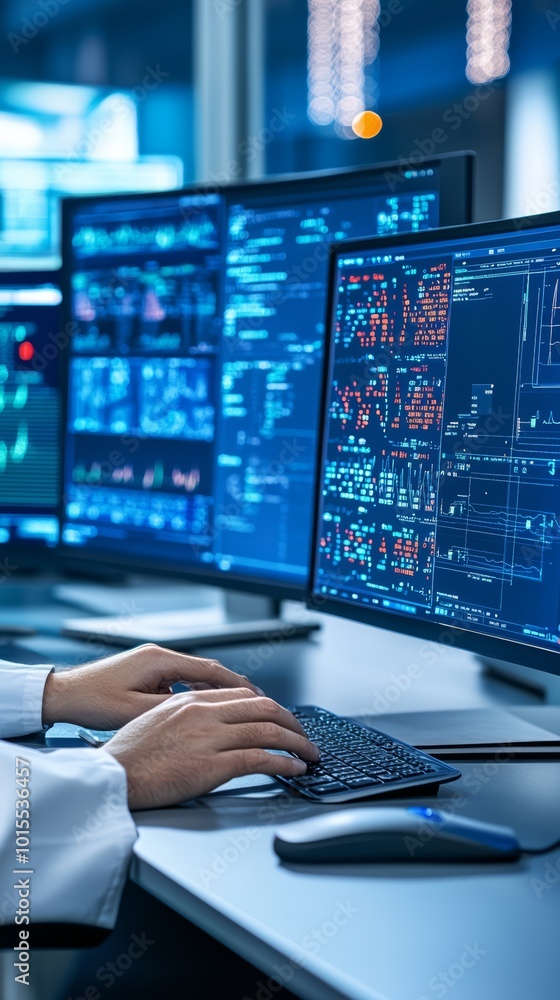 Person working on multiple screens displaying data and information. Person working on multiple screens displaying data and information.