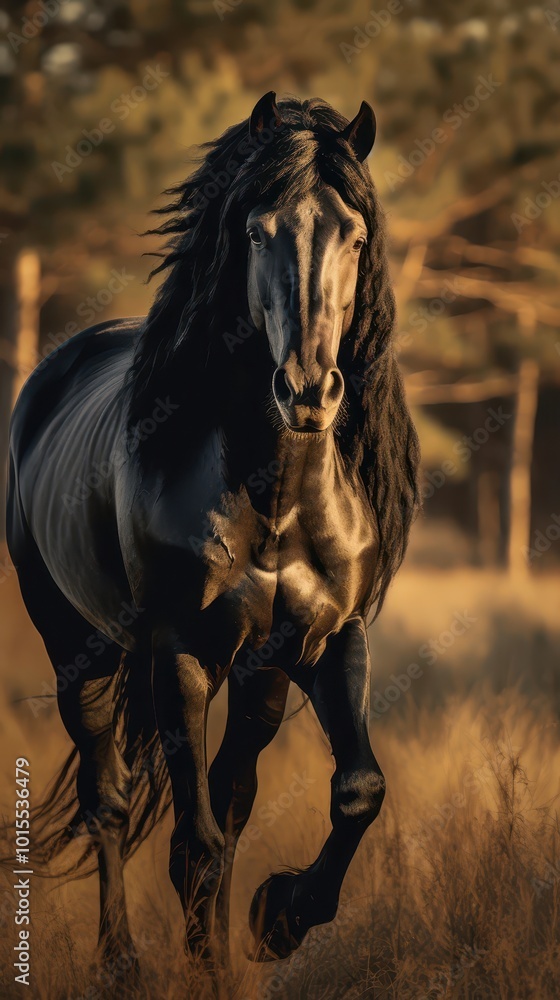 Majestic Black Horse in Sunlit Autumn Meadow Majestic Black Horse in Sunlit Autumn Meadow
